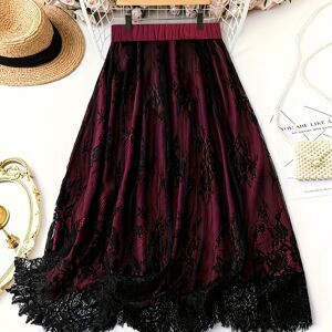 Temu Plus Size Contrast Lace Skirt, Elegant High Waist Skirt For Spring & Summer, Women's Plus Size Clothing Red 1XL(14)