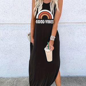 Temu Good Vibes Letter Print Dress, Sleeveless Crew Neck Casual Dress For All Season, Women's Clothing Purple L(8/10)