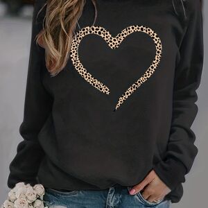 Temu Leopard Heart Print Pullover Sweatshirt, Casual Long Sleeve Crew Neck Sweatshirt For Fall & Winter, Women's Clothing Coffee L(8/10)