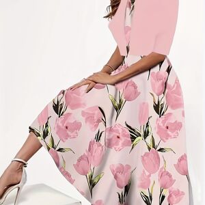 Temu Floral Print Open Front Two-piece Set, Elegant Half Sleeve Cardigan & Sleeveless Tank Dress Outfits, Women's Clothing Pink L(8/10)