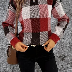 Temu Plaid Pattern Crew Neck Pullover Sweater, Casual Long Sleeve Sweater For Fall & Winter, Women's Clothing Coffee L(8/10)