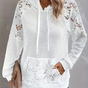 Temu Floral Pattern Contrast Lace Drawstring Hoodie, Casual Long Sleeve Pocket Knit Sweatshirt, Women's Clothing White M(6)