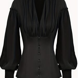 Temu Ruched V Neck Tunic Blouse, Stylish Shirred Lantern Sleeve Victorian Blouse, Women's Clothing Black L(8/10)