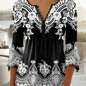 Temu Plus Size Boho Top, Women's Plus Paisley Print Half Sleeve Button Up V Neck Slight Stretch Top Black Plus 1XL(14/16)