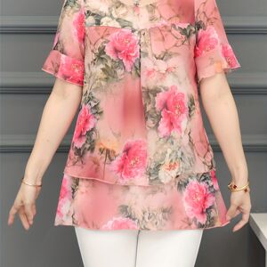 Temu Floral Print Ruffle Trim Blouse, Elegant Scoop Neck Short Sleeve Layered Blouse, Women's Clothing Peach Asian L(4)