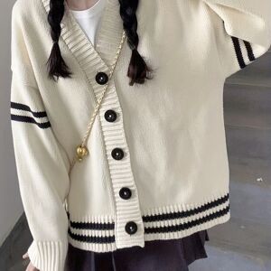 Temu Striped Button V-neck Cardigan, Casual Long Sleeve Cardigan For Fall & Winter, Women's Clothing Beige one-size