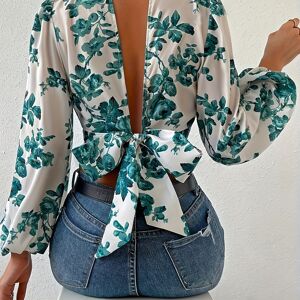 Temu Floral Print Tie Back Crop Blouse, Elegant Lantern Sleeve Cut Out Blouse For Spring & Fall, Women's Clothing White M(6)