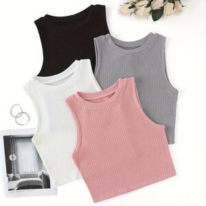Temu Solid Color Tank Top 4 Pack, Versatile Sleeveless Crew Neck Crop Tank Top For Summer, Women's Clothing Mixed Color M(6)