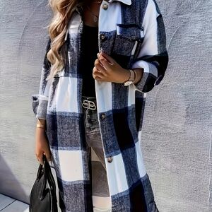 Temu Plaid Print Long Length Jacket, Casual Button Front Flap Pockets Outwear, Women's Clothing Black XS(2)