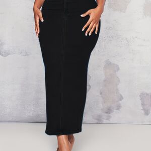 Temu Black Slim Fit Denim Midi Skirt, Slight Stretch Split Commuter Denim Midi Skirt, Women's Denim Clothing Black S(4)