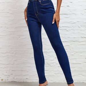 Temu Deep Blue Stretchy High Waist Denim Pants, Slash Pocket Sexy Classic Skinny Jeans, Women's Denim Jeans & Clothing Graphite Color XS(2)