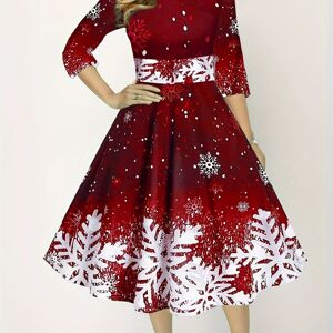 Temu Women's Christmas Casual Dress, Plus Size Colorblock Snowflake Print Half Sleeve Round Neck Midi Dress Red 1XL(14)