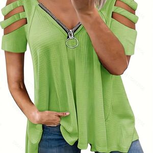 Temu Cold Shoulder Zip Up T-shirt, Casual V Neck Short Sleeve T-shirt For Spring & Summer, Women's Clothing Green XXL(14)