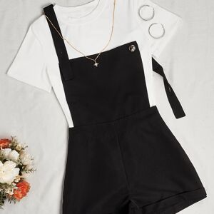 Temu Casual Color Block Shorts Set, Crew Neck Short Sleeve Simple T-shirt & Button Front Overall Jumpsuit Summer Outfits, Women's Clothing Mixed Color L(8/10)