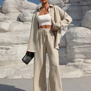 Temu Casual Solid Color Pants Set, Button Front Long Sleeve Blouse & Drawstring Waist Wide Leg Pants Outfits, Women's Clothing Apricot S(4)