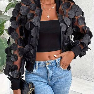 Temu Floral Applique Zipped Jacket, Stylish Long Sleeve Cropped Jacket For Spring & Fall, Women's Clothing Black XXL(14)