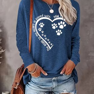 Temu Heart & Letter Print Crew Neck T-shirt, Casual Long Sleeve Top For Spring & Fall, Women's Clothing Blue S(4)