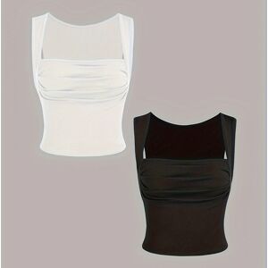 Temu Solid Square Neck Tank Top 2 Pack, Casual Sleeveless Ruched Summer Top, Women's Clothing Black+Beige S(4)