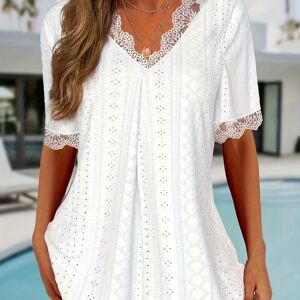 Temu Lace Trim V Neck Tunics, Elegant Short Sleeve Top For Spring & Summer, Women's Clothing White XL(12)