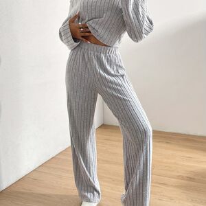 Temu Casual Ribbed Two-piece Set, V Neck Long Sleeve Crop Top & Pants, Women's Clothing Grey L(8/10)