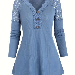 Temu Lace Stitching Button Front V Neck T-shirt, Casual Long Sleeve Top For Spring & Fall, Women's Clothing Rust XXL(14)