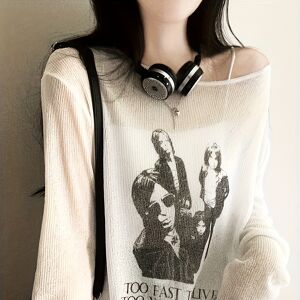 Temu Figure & Letter Print Boat Neck T-shirt, Casual Long Sleeve Semi-sheer T-shirt, Women's Clothing Creamy White M(6)