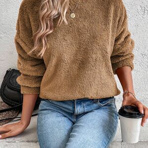 Temu Solid Color Teddy Pullover Sweatshirt, Casual Long Sleeve Crew Neck Sweatshirt For Fall & Winter, Women's Clothing Coffee L(8/10)