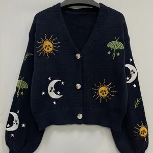 Temu Sun & Moon Pattern Crop Knitted Cardigan, Chic Button Front Lantern Sleeve Cardigan For Spring & Fall, Women's Clothing Navy Blue L(8/10)