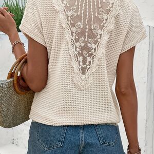 Temu Contrast Lace Waffle T-shirt, Elegant Crew Neck Short Sleeve Top For Spring & Summer, Women's Clothing Apricot S(4)