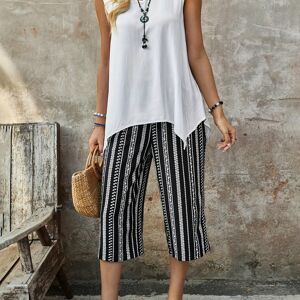 Temu Casual Summer 2 Piece Set, V Neck Asymmetrical Hem Tank Top & Stripe Capris Pants Outfits, Women's Clothing White M(6)