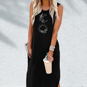 Temu Sun & Moon Print Tank Dress, Sleeveless Crew Neck Casual Dress For Summer & Spring, Women's Clothing Black L(8/10)