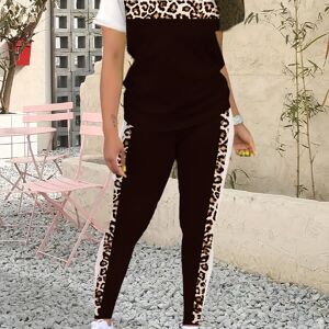 Temu Leopard Print Summer & Spring Casual Two-piece Pants Set, Crew Neck Short Sleeve Top & Pants Outfits, Women's Clothing White L(8/10)