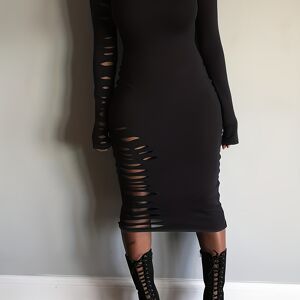 Temu Cut Out Bodycon Dress, Sexy Crew Neck Long Sleeve Dress, Women's Clothing Black XXL(14)