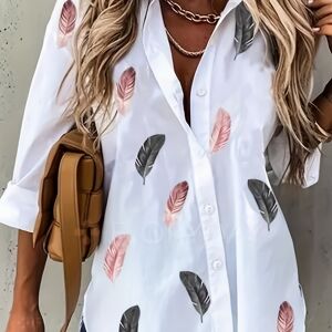 Temu Feather Print Button Front Shirt, Casual Long Sleeve Collared Shirt, Women's Clothing White S(4)