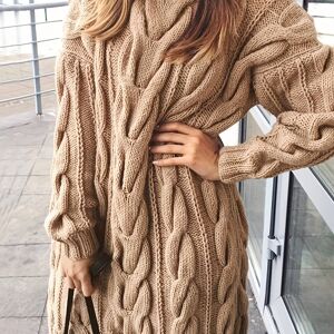 Temu Solid Cable Knit Sweater Dress, Casual High Neck Long Sleeve Dress, Women's Clothing Khaki L(8/10)