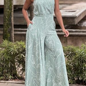 Temu Abstract Print Wide Leg Jumpsuit, Elegant Sleeveless Jumpsuit For Spring & Summer, Women's Clothing Light Blue XL(12)