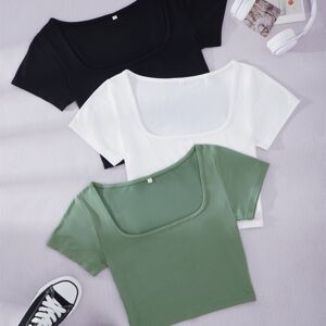 Temu 3 Pack Basic Slim Cropped Top, Short Sleeve Square Neck Solid T-shirts, Casual Every Day Tops, Women's Clothing Coffee L(8/10)