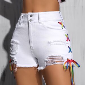 Temu Women's Casual Ripped Frayed Hem White Jean Shorts With Colorful Ribbon Lace Up Side Ties, Fashion Summer Denim Hot Pants White L(8/10)