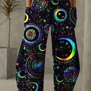 Temu Starry Sky Print Patched Pocket Pants, Casual Wide Leg Pants For Spring & Summer, Women's Clothing Black L(8/10)