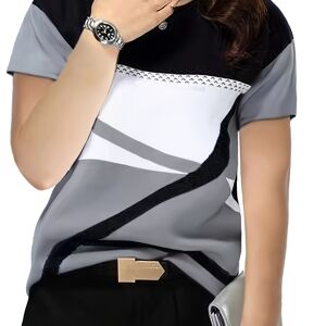 Temu Plus Size Casual T-shirt, Women's Plus Color Block Striped Round Neck Short Sleeve Tee White 5XL(22)