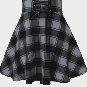 Temu Plaid Print Lace Up Flared Skirt, Elegant High Waist Versatile Mini Skirt, Women's Clothing Black XL(12)