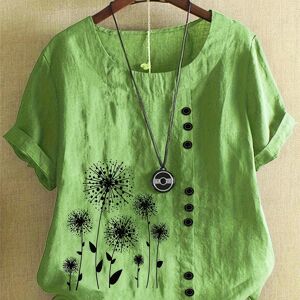 Temu Plus Size Casual T-shirt, Women's Plus Dandelion Print Short Sleeve Round Neck Button Decor Tee Green 4XL(20)