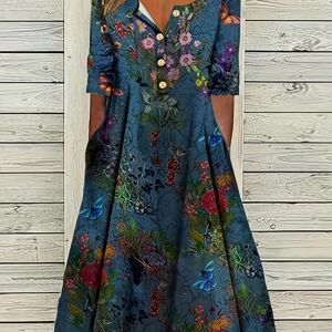 Temu Plus Size Casual Dress, Women's Plus Floral Print Half Sleeve Round Neck Maxi Henley Dress With Pockets Sea Blue 5XL(22)