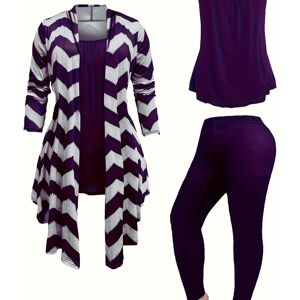 Temu Casual Three-piece Set, Color Block Long Sleeve Cardigan & Cami Top & Elastic Waist Pants Outfits, Women's Clothing Purple M(6)