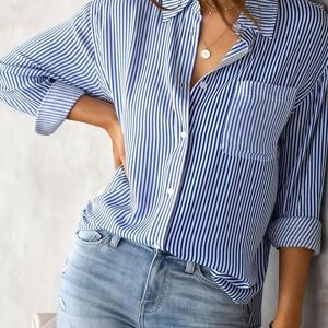 Temu Striped Print Button Front Shirt, Casual Long Sleeve Shirt With Pocket, Women's Clothing Royal Blue L(8/10)