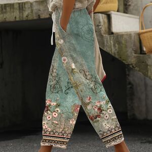 Temu Floral Print Drawstring Pants, Vintage Loose Pants For Spring & Summer, Women's Clothing Green XS(2)