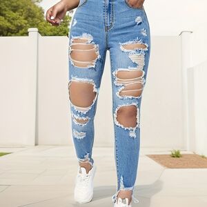 Temu Ripped Holes Washed Skinny Jeans, Slim Fit High Stretch Distressed Tight Jeans, Women's Denim Jeans & Clothing Light Blue XS(2)