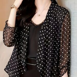 Temu Polka Dot Open Front Cardigan, Casual 3/4 Sleeve Outerwear, Women's Clothing Black L(8/10)