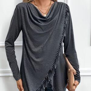 Temu Fringe Trim Cowl Neck T-shirt, Casual Long Sleeve Top For Spring & Fall, Women's Clothing Dark Grey M(6)