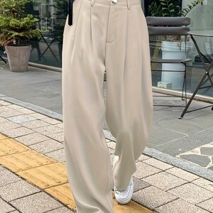 Temu Solid Pleated Straight Leg Pants, Casual Button Slant Pocket Suit Pants, Women's Clothing Light Grey XS(2)